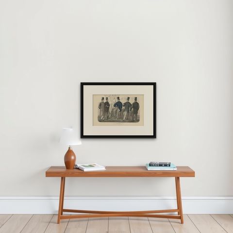 Antique Fashion Print of Men and Women Illustrating the Fashion Trends of 1865, shown framed on a wall
