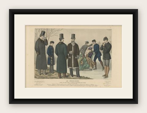 Antique Fashion Print of Men in the 19th Century, shown framed