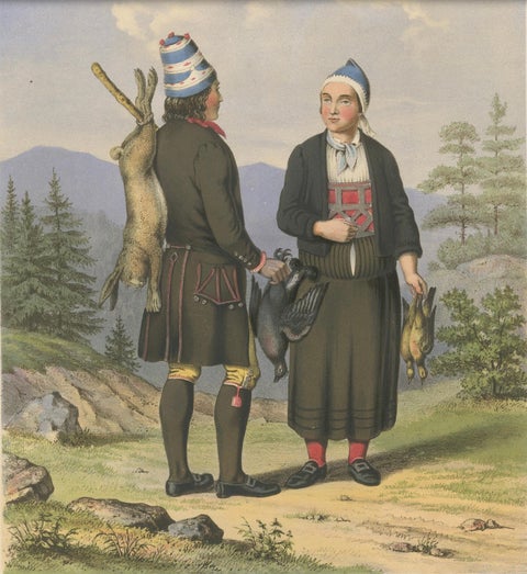 Traditional Dress from Surendal, Norway, Hunting Scene, 19th Century Print, close-up 4