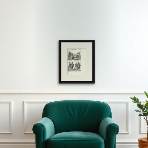 Antique Costume Print of Belgium and the Netherlands by Antonelli, 1842, shown framed on a wall