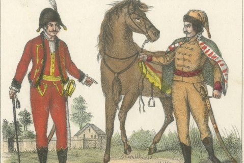 Hungarian Gentlemen, a Hungarian Bridal Couple and Wallachians, 1842, close-up 1