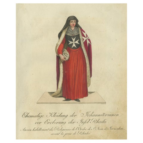 Pre-Rhodes Hospitaller Nun: 1791 Colored Engraving of Historic Ceremonial Dress