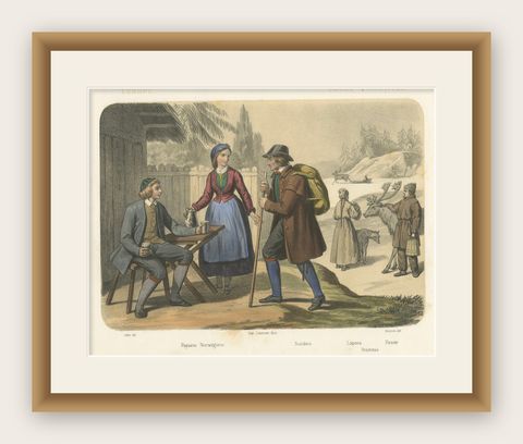 Swedish and Norwegian Costumes, Peasants, Laplanders and Reindeer, c.1845, shown framed