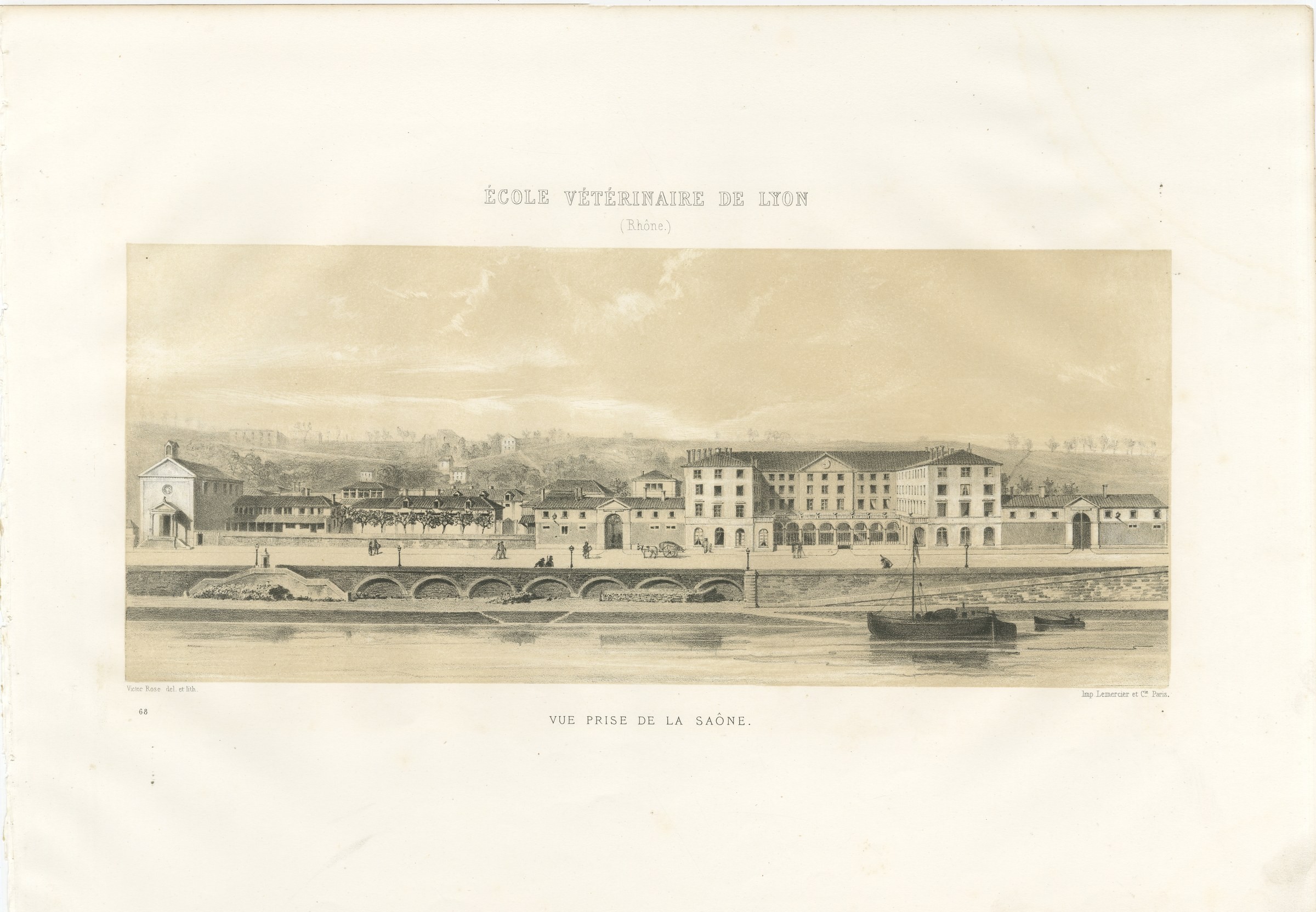 Lyon Veterinary School from the Saone, Antique French Print, 1873