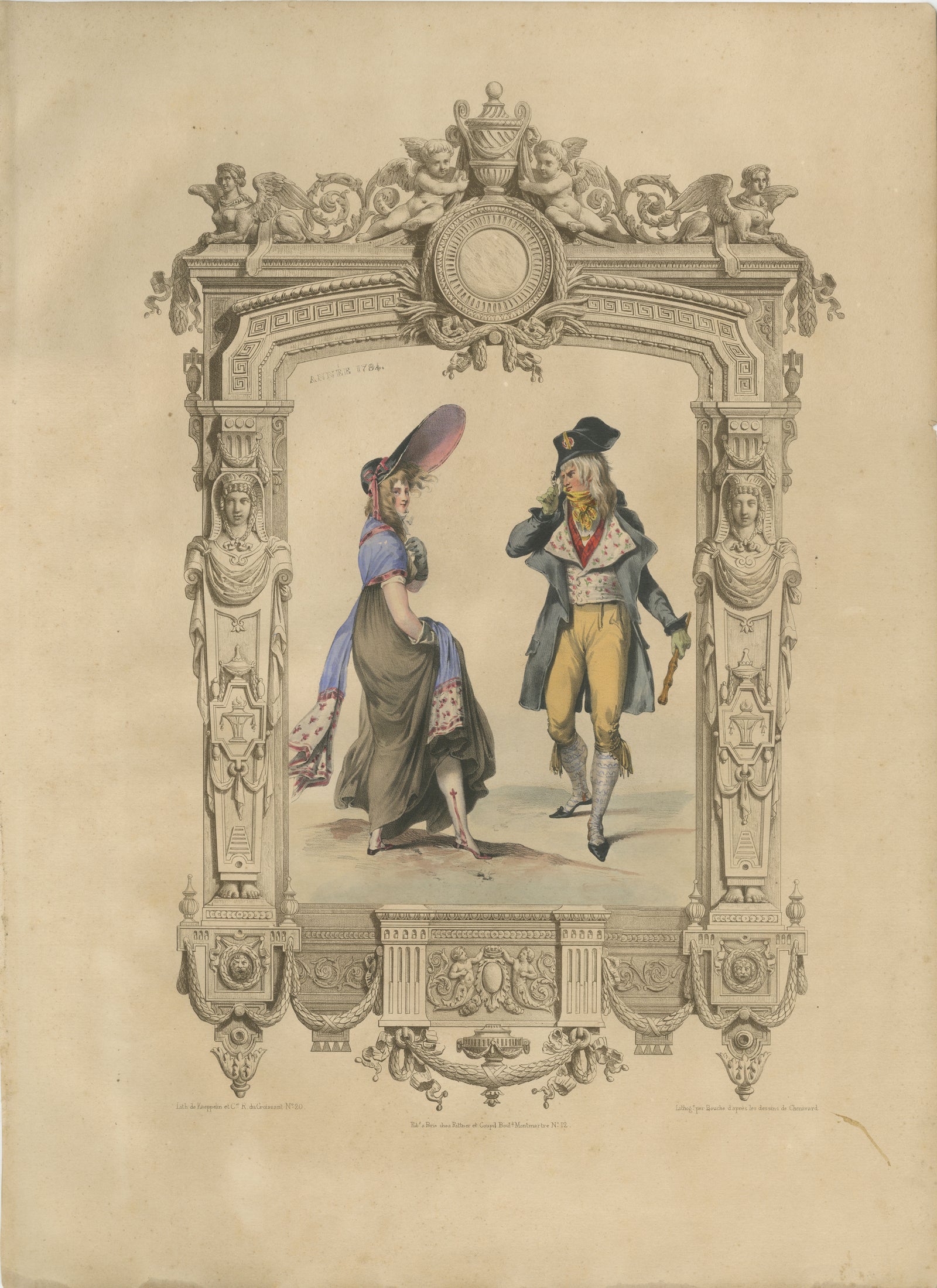French Directoire Period Costume Lithograph, 1794, Published 1847