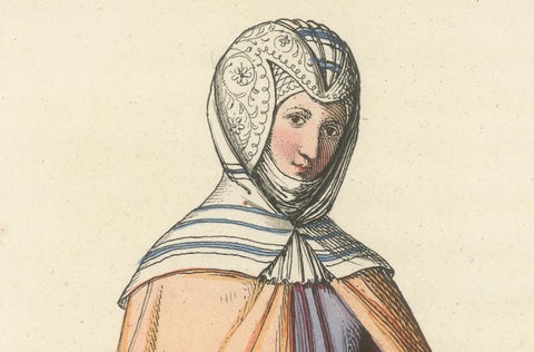 Medieval Costume Print 1845, Noblewoman in Peach and Lavender Robes, close-up 3