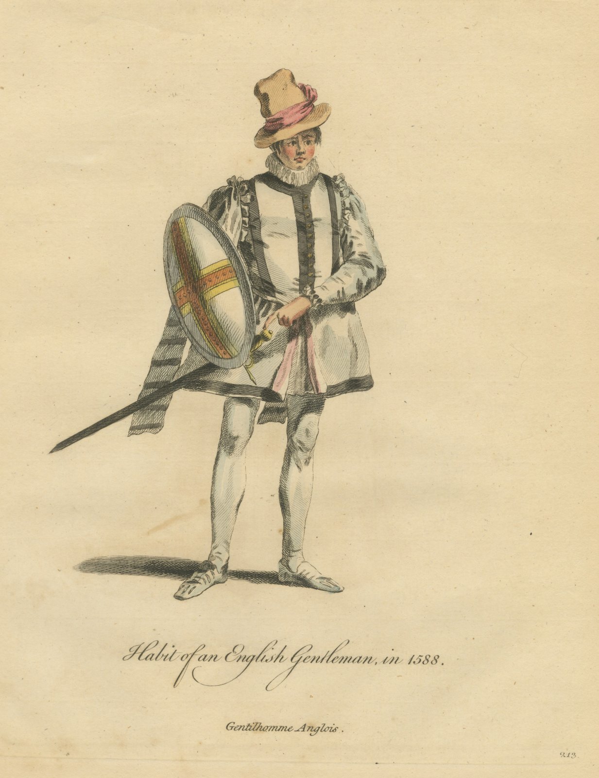 English Gentleman in 1588 with Shield and Sword, Jefferys Costume Print, 1757