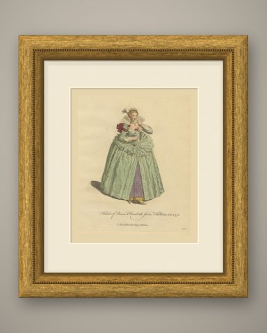 Habit of Queen Elizabeth from Holbein in 1551, Jefferys Costume Plate, 1757, shown framed