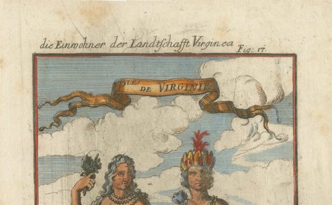 Virginia Indians, Man & Woman in Traditional Dress, Handcolored Engraving, 1683, close-up 2