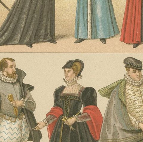 Pl. 69 Antique Print of French XVIth Century Costumes by Racinet, circa 1880, close-up 2