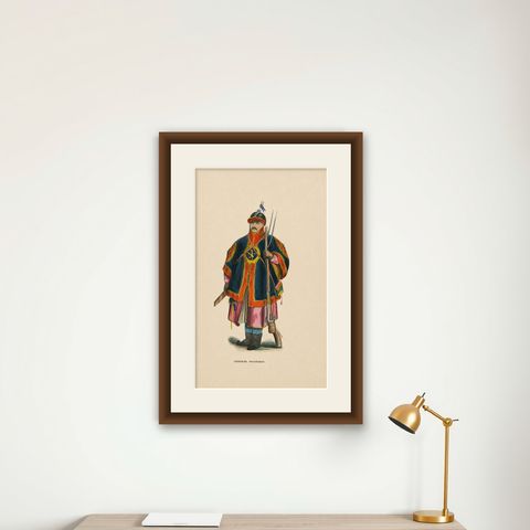 Chinese Infantry Soldier Costume Print, Hand-Colored Military Plate, 1854, shown framed on a wall