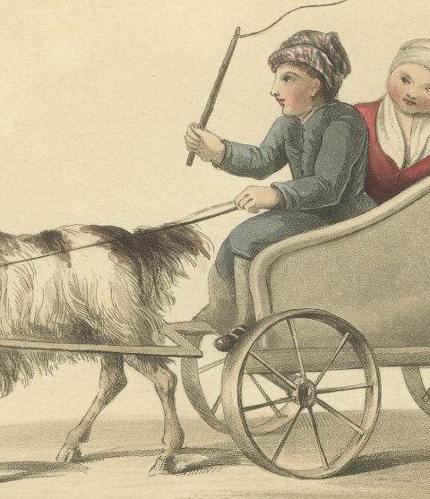 Children going to School in a Goat Cart, Antique Print, 1817, close-up 3