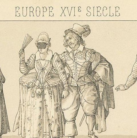 Pl. 59 Antique Print of European XVIth Century Costumes by Racinet, close-up 1