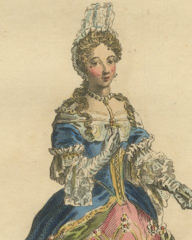 Duchess of Orléans in 1700 with a Fan, Hand Colored Jefferys Engraving, 1757, close-up 1