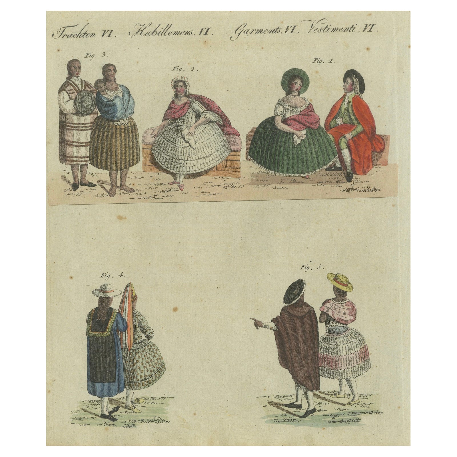Elegant Costumes of 18th-Century Peru: Hand-Colored Engraving from Bertuch, 1805