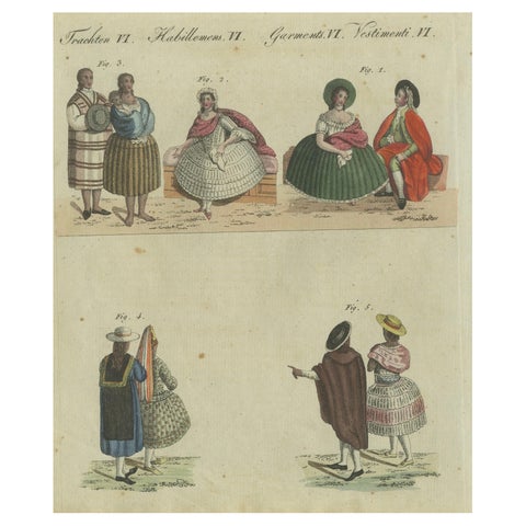Elegant Costumes of 18th-Century Peru: Hand-Colored Engraving from Bertuch, 1805