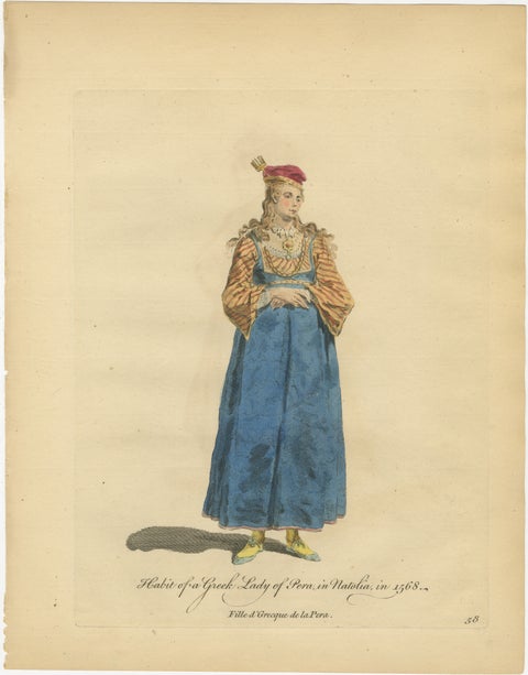 Greek Lady of Pera, Ottoman Costume Print, Hand-Colored Engraving, 1749, view 2
