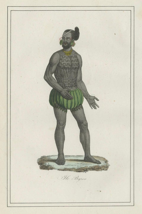 Antique Costume Print of Tattooed Man from Byron Island, 1854, close-up 5