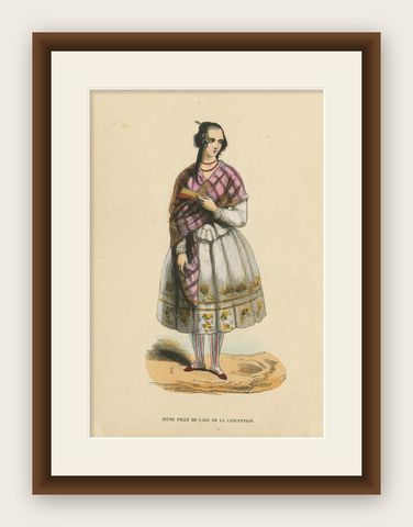 Antique Costume Print of young Lady of Conception Island by Wahlen, 1843, shown framed