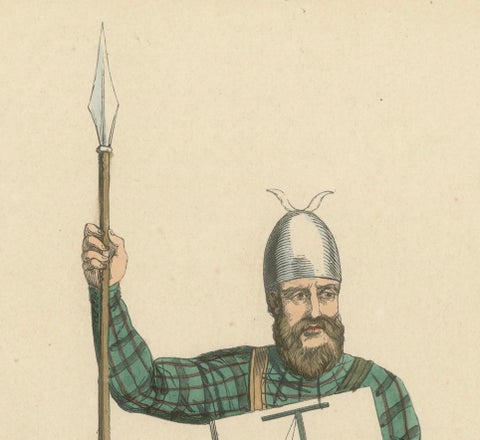 Scottish Knight in Tartan Attire with Heraldic Shield, Costume Di Moyen Age 1847, close-up 3