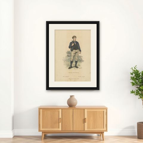 Antique Costume Print of a Peasant Boy from Thuringia in Germany, c.1880, shown framed on a wall