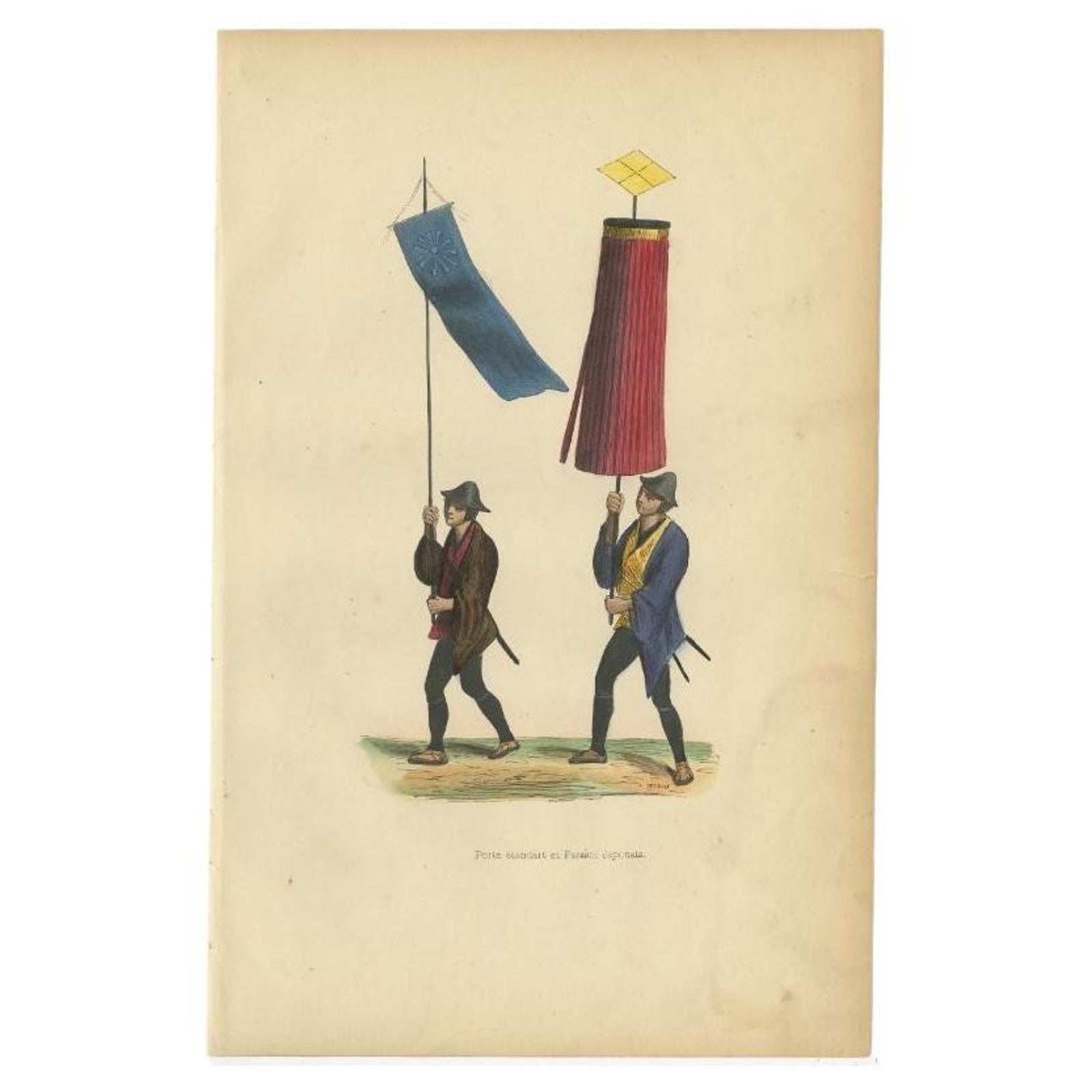 Antique Print of a Japanese Flag and Parasol, 1843