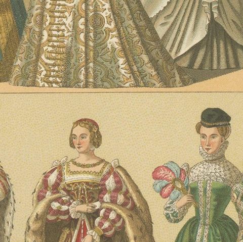 Pl. 66A Antique Print of European 16th Century Costumes by Racinet, circa 1880, close-up 2