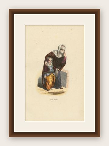 Turkish Woman with Child, Ottoman Costume, Hand-Coloured Lithograph, c.1845, shown framed