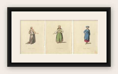 Traditional Attires of Finnish, Estonian and Angria Women in Former Russia, 1814, shown framed