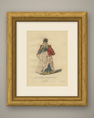 Lady of Quality in France with a Red Striped Cape, Jefferys Costume Plate, 1757, shown framed