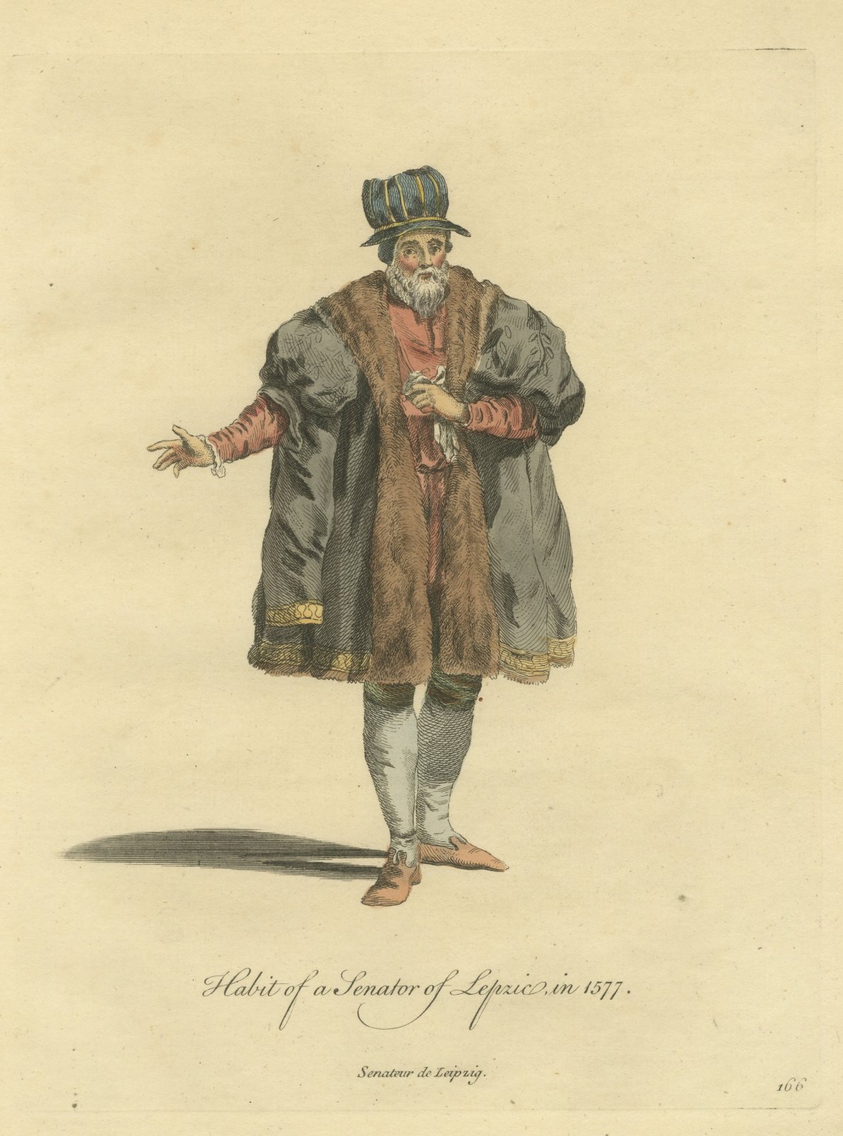 Senator of Leipzig in Fur-Faced Gown and Striped Hat, Costume of 1577, 1757