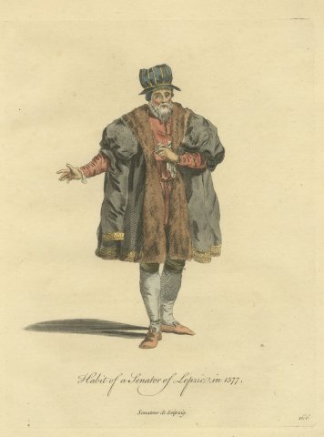 Senator of Leipzig in Fur-Faced Gown and Striped Hat, Costume of 1577, 1757