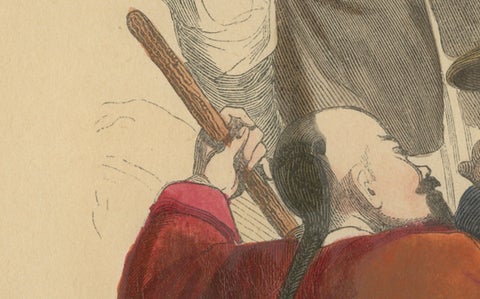 Chinese Laborers Gambling in Traditional Attire from Wahlen's 1844 Lithographs, close-up 1