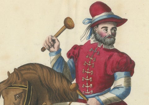 19th-Century Hand-Coloured Print of a Drummer on Horseback in Medieval Attire, close-up 3