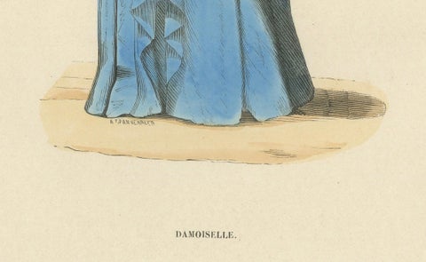 Noble Damsel of the Middle Ages in Traditional Blue Gown and Headdress, 1847, close-up 1