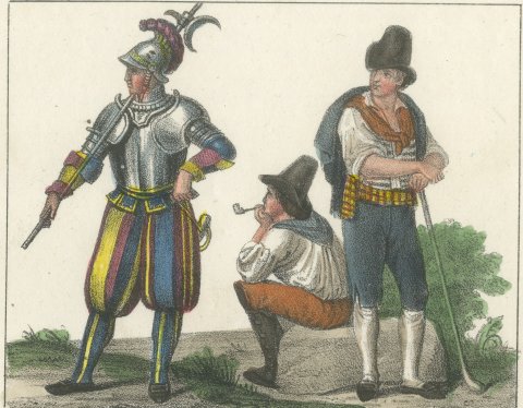 Swiss Guard, Roman Peasants and Women of Frascati, Hand Colored Lithograph, 1842, close-up 1