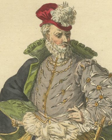 German Nobleman in Plumed Red Cap and Paned Hose, Costume of 1577, 1757, close-up 1