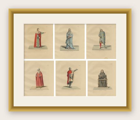 Six Medieval Costumes Hand-Colored Lithographs, France, Circa 1860, shown framed