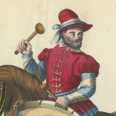 19th-Century Hand-Coloured Print of a Drummer on Horseback in Medieval Attire, close-up 4