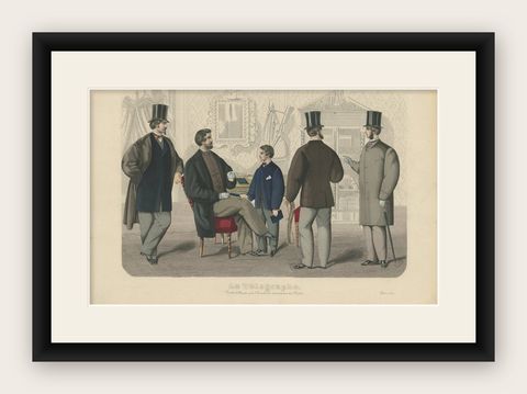 Antique Fashion Print of Men and Women Illustrating the Fashion Trends of 1865, shown framed