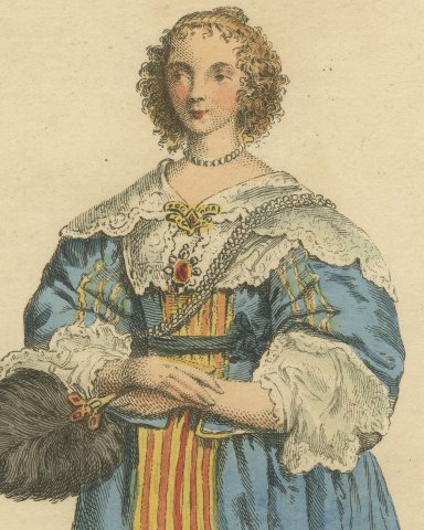 English Lady of Quality in 1640 with Feather Fan, Jefferys Costume Print, 1757, close-up 1