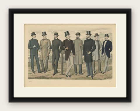 Antique Print of Men's Fashion in March, 1885, shown framed