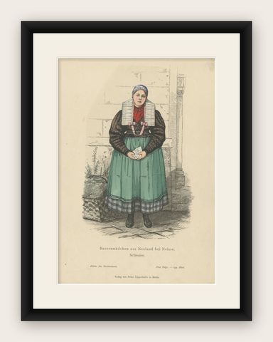 Antique Costume Print of a German Peasant Girl from Neuland Near Hamburg, c.1880, shown framed