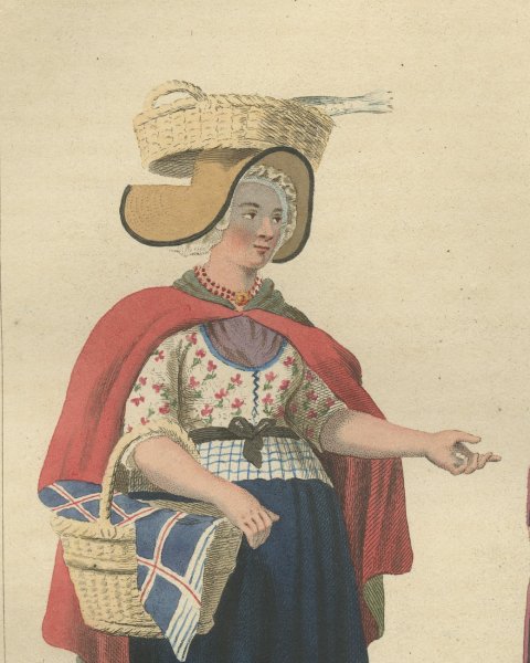 Shrimp Seller and Customer, Dutch Costume Print, Maaskamp, 1811, close-up 1