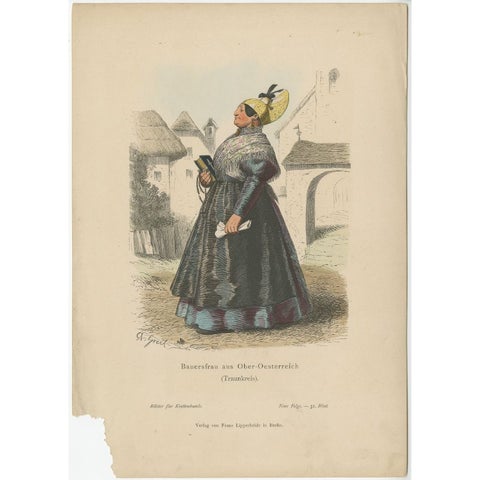 Antique Costume Print of a Farmer's Wife from the Region of Traunkreis, c.1880, view 2