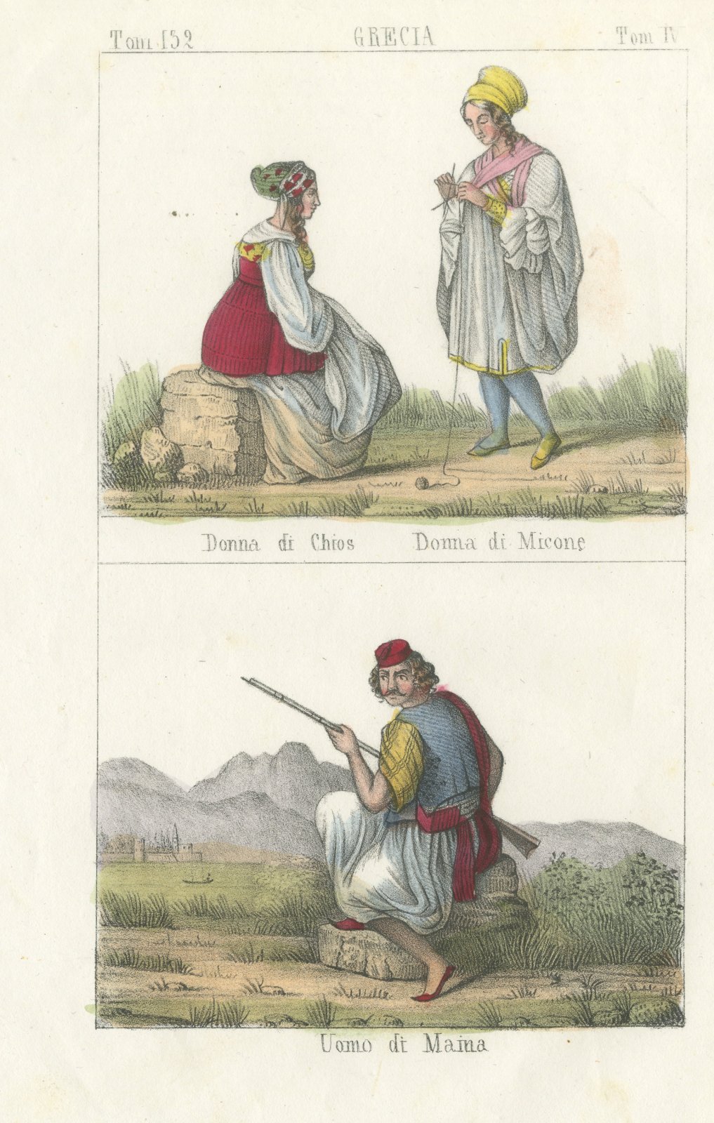 Women of Chios and Mykonos and a Man of Mani, Hand Colored Lithograph, 1842