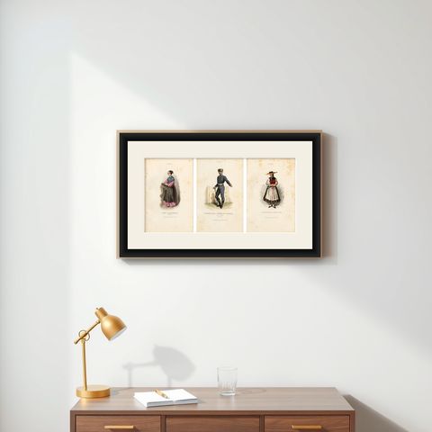 Set of Three Antique German & Hungarian Folk Costume Engravings, circa 1850, shown framed on a wall