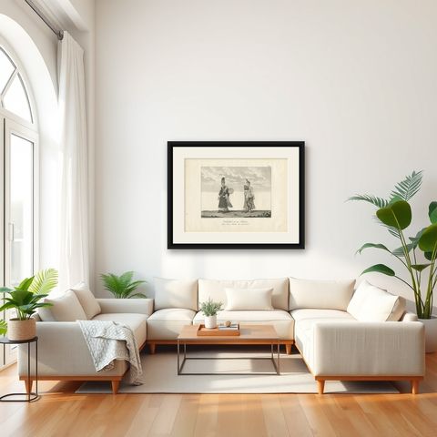 Antique Print of Burmese Costumes by Symes, '1800', shown framed in a room