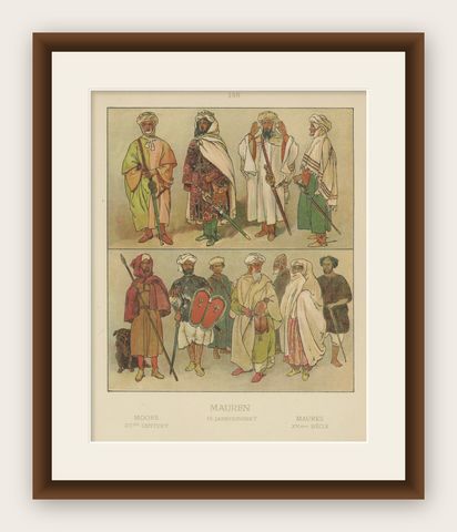Hand-Colored 1900 Print of Moorish Costumes, 15th Century North Africa, ca.1880, shown framed