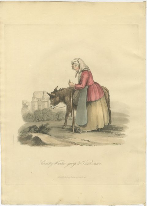 Country Woman and Donkey going to Valenciennes, Antique Print, 1817, view 2